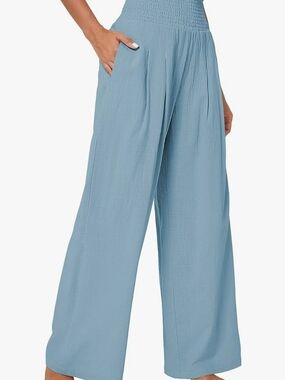 Wide Leg Smocked Waist Pants -Grey Not Blue